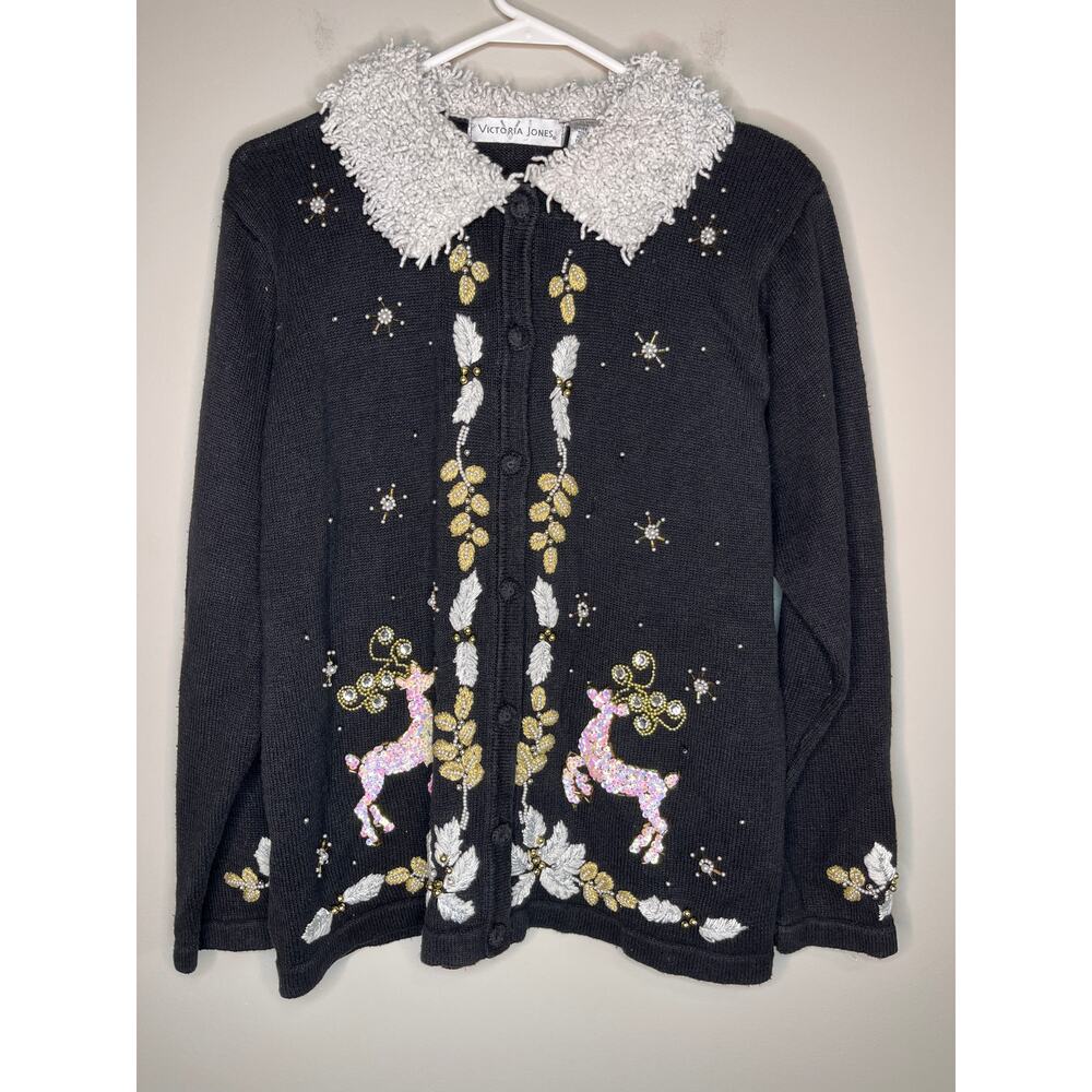 1990s Victoria Jones Silver Gold Christmas Holly Reindeer MCM Glitz Cardigan M